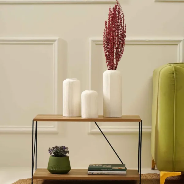 Decorative Ribbed Set Of 3 White Ceramic Vase