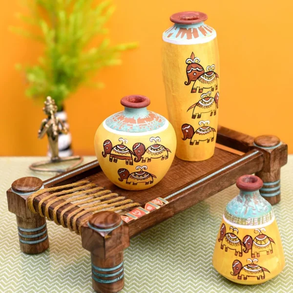 Happy Elephant (Set Of 4) Brown & Yellow Terracotta & Wood Table Vase With Charpai Stand