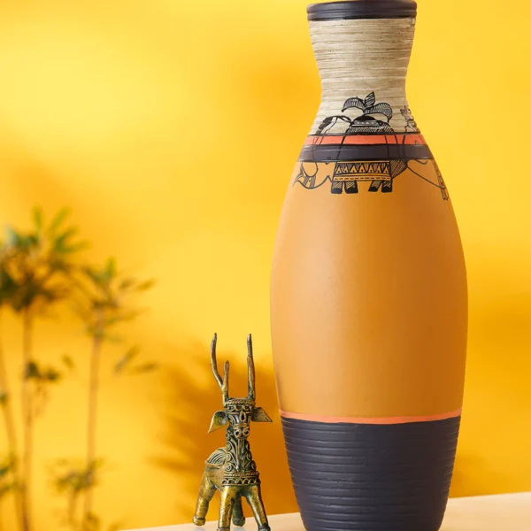 Madhubani Tattoo Art Mustard Terracotta Table Vase